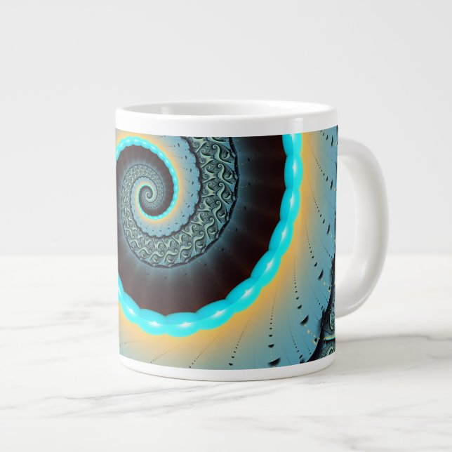 Abstract Blue Turquoise Orange Fractal Art Spiral Large Coffee Mug (Front Right)