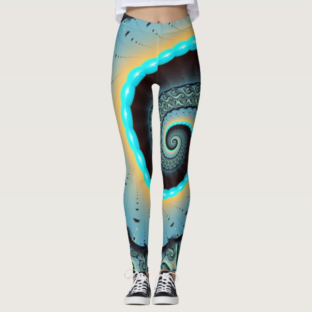 Abstract Blue Turquoise Orange Fractal Art Spiral Leggings (Front)