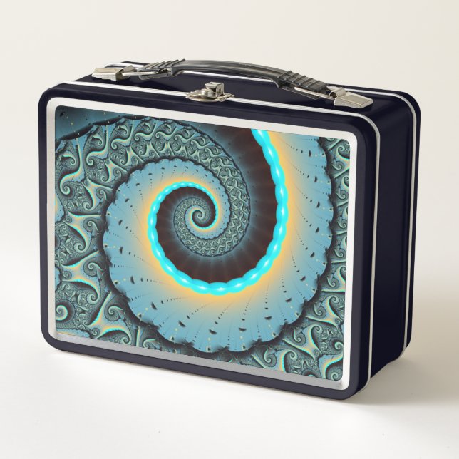 Abstract Blue Turquoise Orange Fractal Art Spiral Metal Lunch Box (Front)