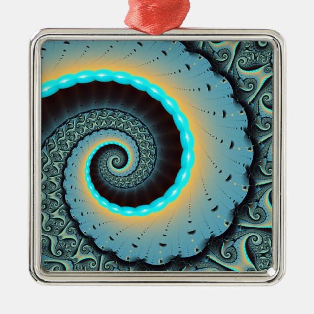 Abstract Blue Turquoise Orange Fractal Art Spiral Metal Ornament (Front)