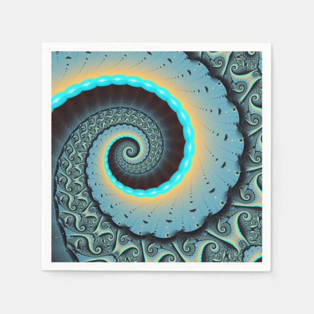 Abstract Blue Turquoise Orange Fractal Art Spiral Napkin (Front)