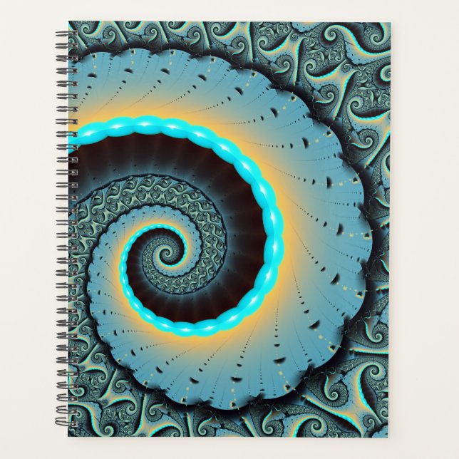Abstract Blue Turquoise Orange Fractal Art Spiral Planner (Front)