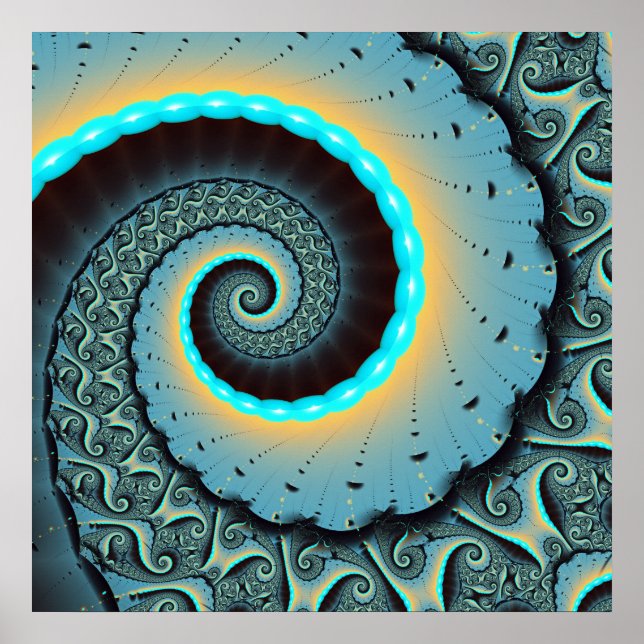 Abstract Blue Turquoise Orange Fractal Art Spiral Poster (Front)