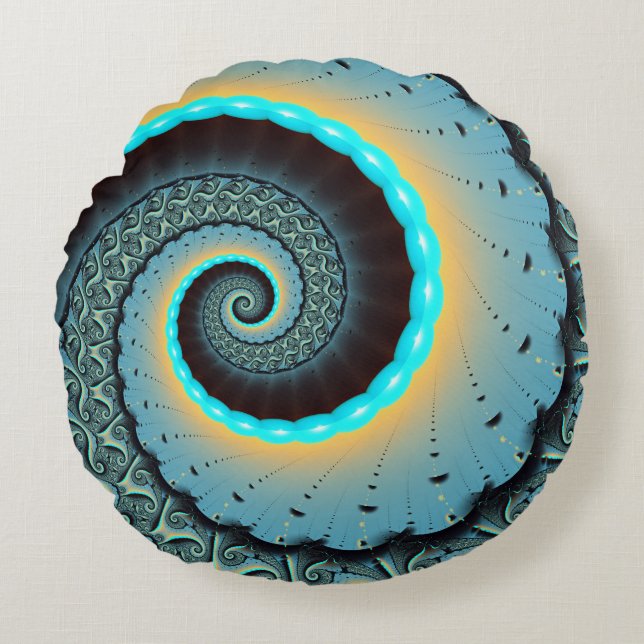 Abstract Blue Turquoise Orange Fractal Art Spiral Round Cushion (Front)