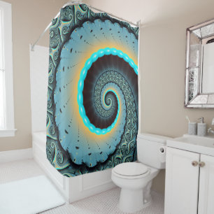 Abstract Blue Turquoise Orange Fractal Art Spiral Shower Curtain