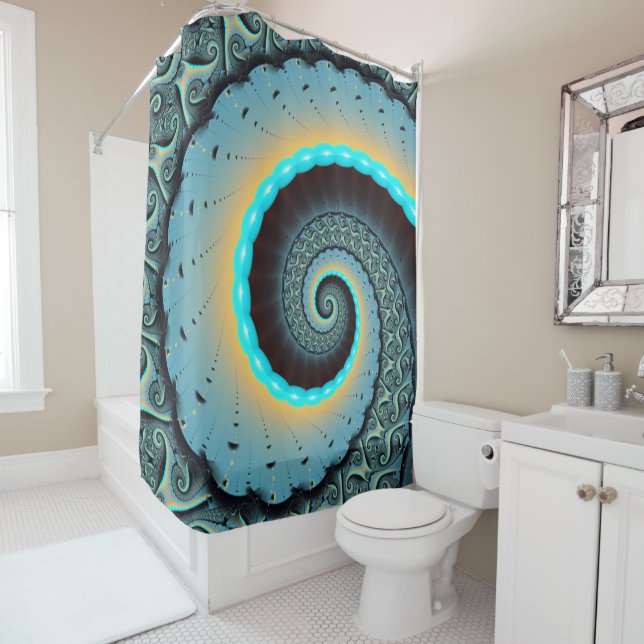 Abstract Blue Turquoise Orange Fractal Art Spiral Shower Curtain (In Situ)