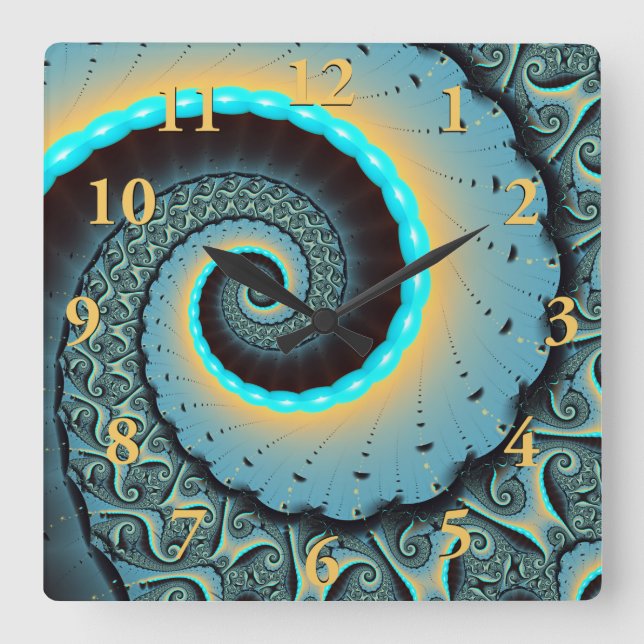 Abstract Blue Turquoise Orange Fractal Art Spiral Square Wall Clock (Front)