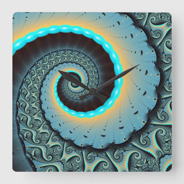 Abstract Blue Turquoise Orange Fractal Art Spiral Square Wall Clock (Front)