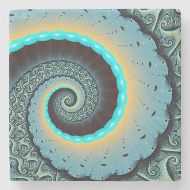 Abstract Blue Turquoise Orange Fractal Art Spiral Stone Coaster (Front)