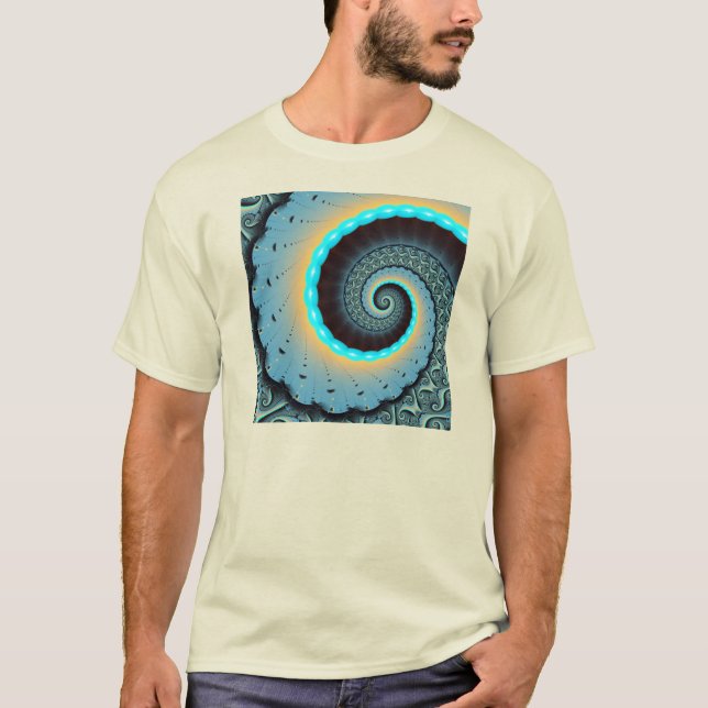 Abstract Blue Turquoise Orange Fractal Art Spiral T-Shirt (Front)