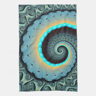 Abstract Blue Turquoise Orange Fractal Art Spiral Tea Towel