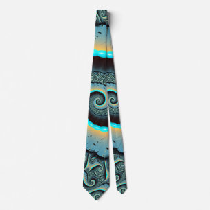 Abstract Blue Turquoise Orange Fractal Art Spiral Tie