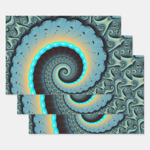 Abstract Blue Turquoise Orange Fractal Art Spiral Wrapping Paper Sheet