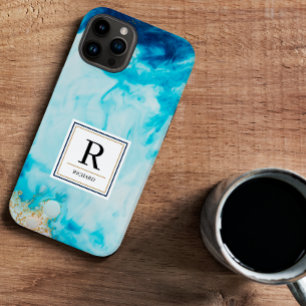 Abstract Blue Watercolor Gold Glitter Monogrammed iPhone 14 Case
