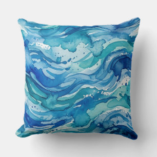 Abstract Blue Watercolor Ocean Waves Cushion
