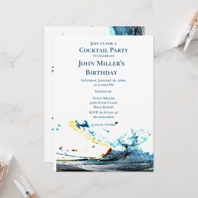 Abstract Blue Wave Cocktail Birthday Party  Invitation (Front/Back In Situ)