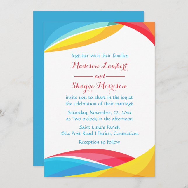 Abstract Blue Wedding Rainbow Wave Red & Yellow Invitation (Front/Back)