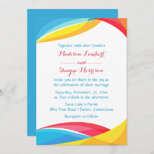 Abstract Blue Wedding Rainbow Wave Red & Yellow Invitation