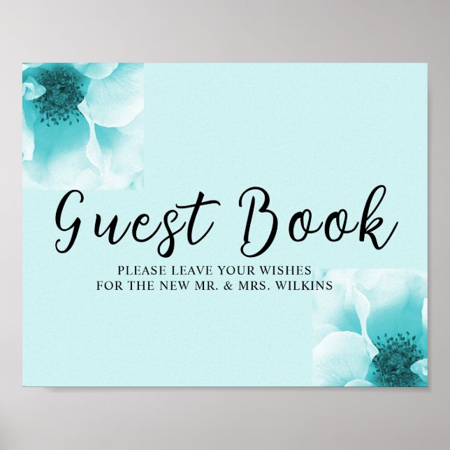 Abstract Blue & White Florals Guest book Sign (Front)