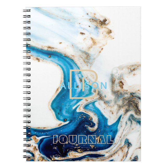Abstract Blue White Gold Marble Monogram Notebook (Front)