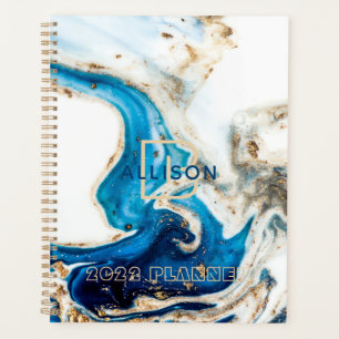 Abstract Blue White Gold Marble Monogram Planner
