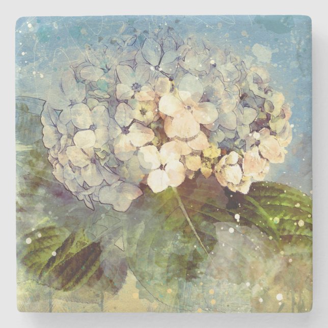 Abstract Blue, White Hydrangea Floral Watercolor Stone Coaster (Front)