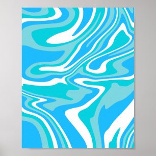 Abstract Blue, White, & Turquoise Fluid Art Poster