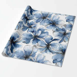 Abstract Blue & White Watercolor Flowers Wrapping Paper