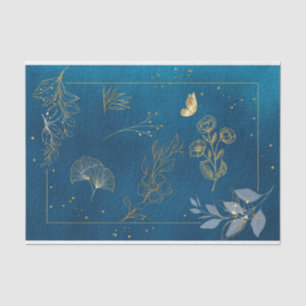 Abstract Blue with Golden Stars, Plants, Flowers Tissue Paper
