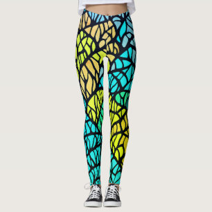Abstract Blue Yellow Black Lines Stained Glass  Leggings