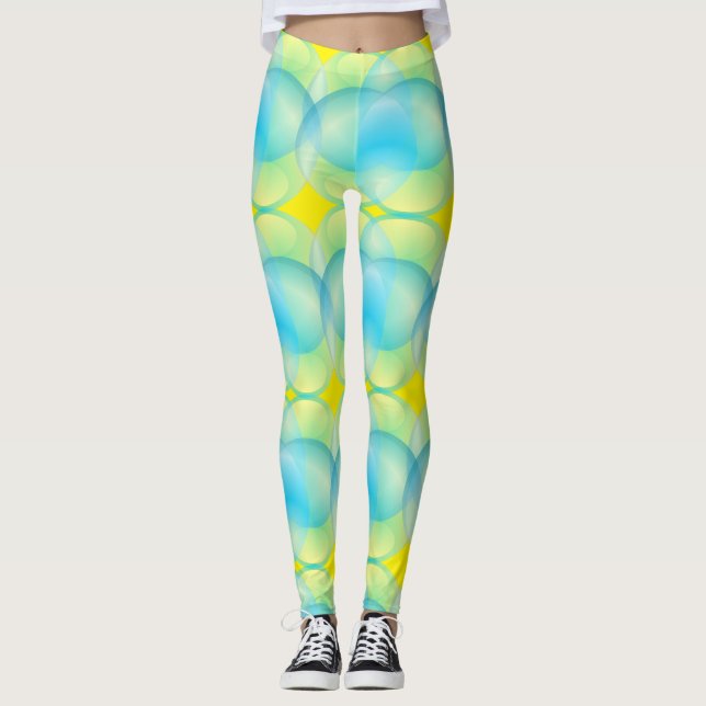 Abstract Blue Yellow Circles Soap Bubbles Pattern Leggings (Front)