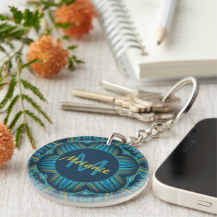 Abstract Blue Yellow Ornate Mandala Personalised Key Ring
