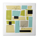 Abstract Blue Yellow Squares Mid Century Ceramic Tile<br><div class="desc">This funky mid-century modern ceramic tile features aqua blue,  avocado green,  yellow,  and tan abstract rectangles,  along with highlights of black and white starbursts. Add a pop of retro fun to your home decor!</div>