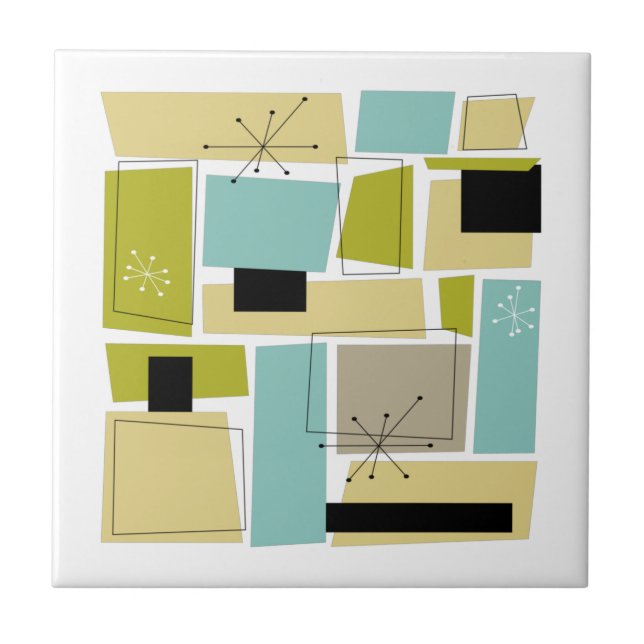 Abstract Blue Yellow Squares Mid Century Ceramic Tile (Front)