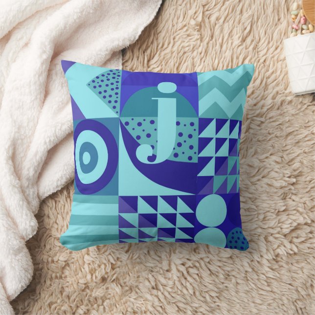 Abstract blues greens geometric shapes monogram cushion (Blanket)