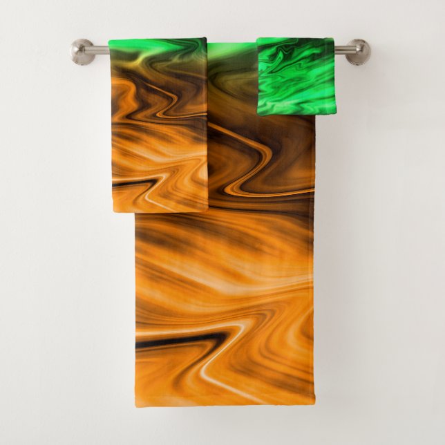 Abstract blurry spotted pattern in orange green  bath towel set (Insitu)