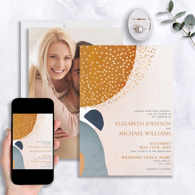 Abstract Blush Pink Blue Terracotta Photo Wedding Invitation (Creator Uploaded)