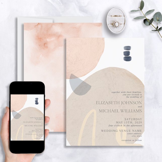 Abstract Blush Pink Navy Blue Neutral Wedding Invitation (Creator Uploaded)