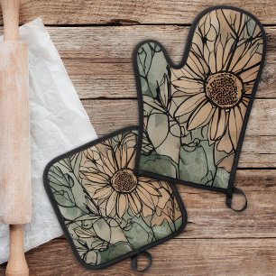 Abstract Boho Floral Sage and Beige Oven Mitt & Pot Holder Set