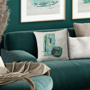 Abstract Boho Modern Style Green n Gold Watercolor Cushion