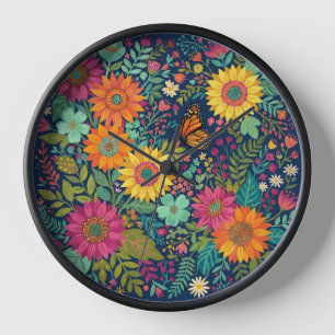 Abstract Boho Sunflower Butterfly Art Clocks