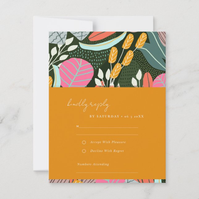 Abstract Bold Tropical Botanical Leafy Wedding RSVP Card (Front)