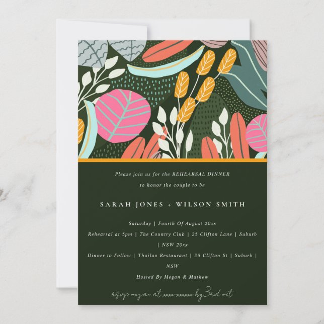 Abstract Bold Tropical Botanical Rehearsal Dinner Invitation (Front)