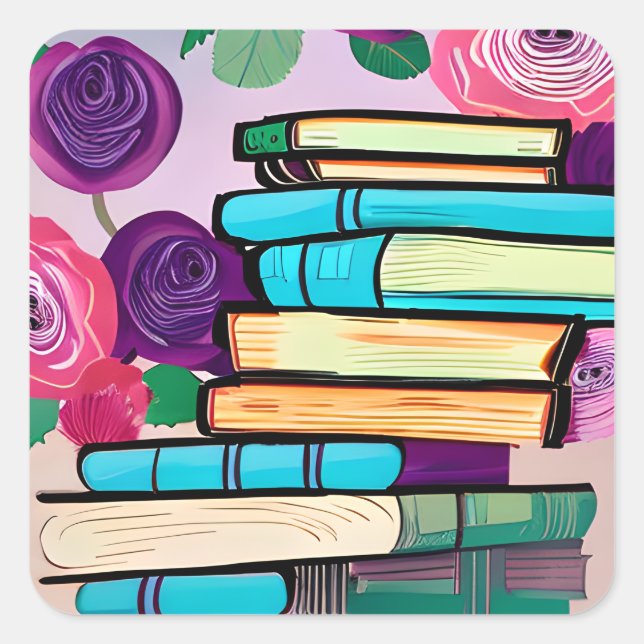 Abstract Books and Flowers | Digital Art Square Sticker (Front)