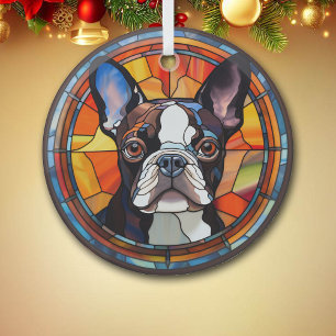 Abstract Boston Terrier Dog Stained Glass Tree Decoration