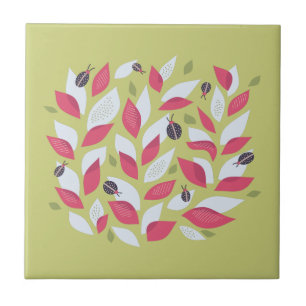 Abstract Botanical Pink Leaves Ladybugs Spring Ceramic Tile