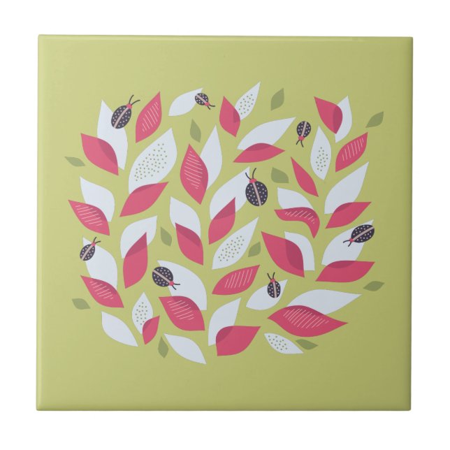 Abstract Botanical Pink Leaves Ladybugs Spring Ceramic Tile (Front)