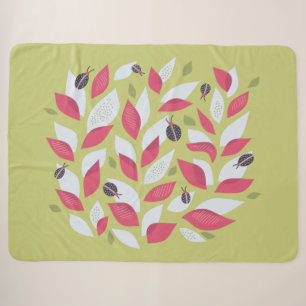 Abstract Botanical Pink Leaves Ladybugs Spring Sherpa Blanket