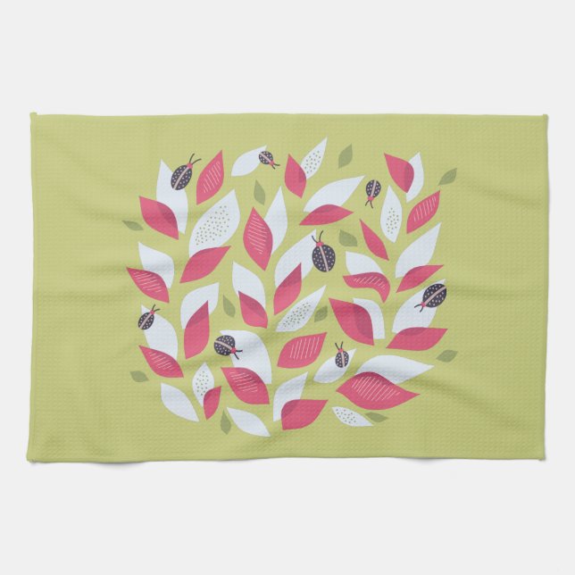 Abstract Botanical Pink Leaves Ladybugs Spring Tea Towel (Horizontal)