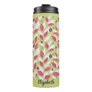 Abstract Botanical Pink Leaves Ladybugs Spring Thermal Tumbler